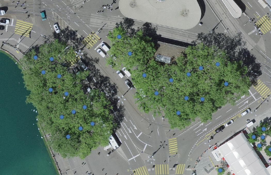  RGB aerial image of Zurich/Bellvue with tree centres overlaid 