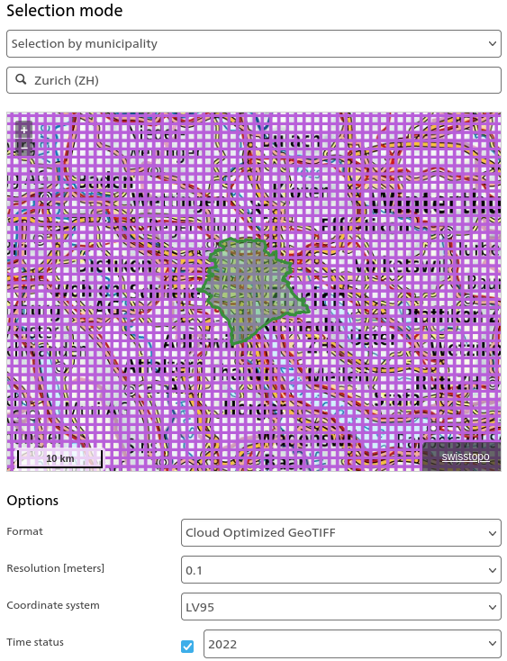 Selecting a region from the Swisstopo website